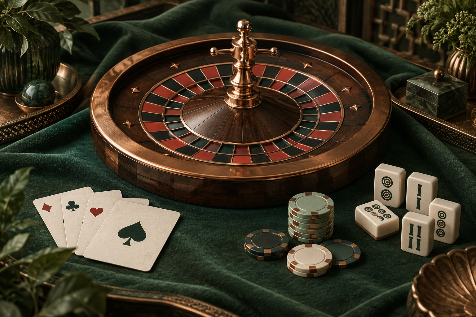 Ilustrasi editorial meja roulette, kartu, ubin mahjong, dan keping permainan bernuansa hijau