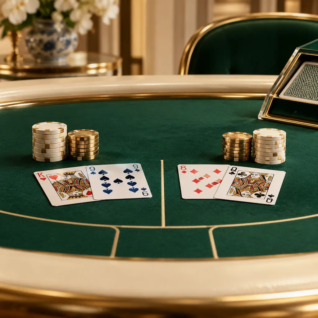 Meja baccarat dengan dua kelompok kartu dan keping kasino