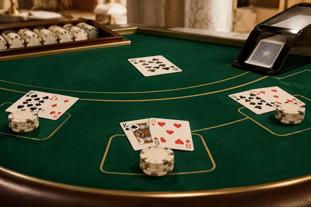 Kartu blackjack dan tumpukan cip di meja