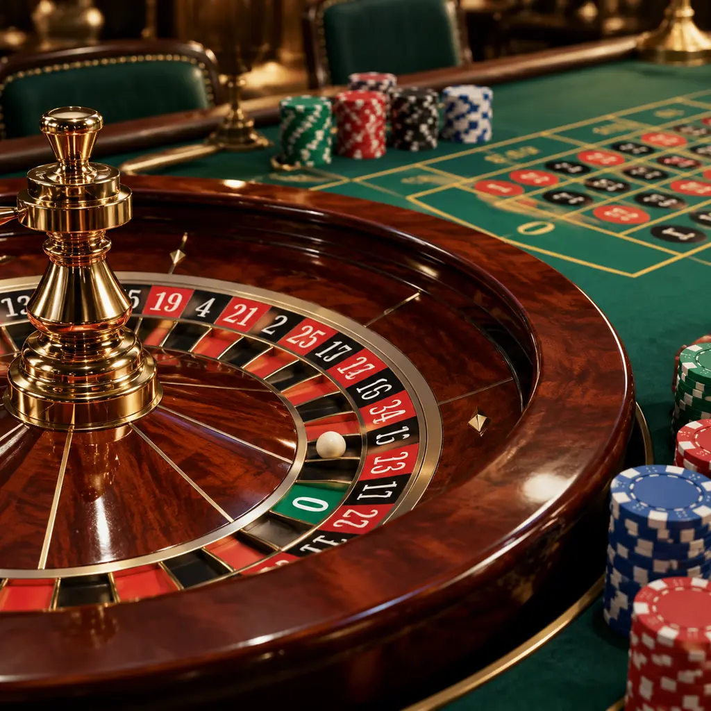 Roda roulette dengan bola dan petak taruhan